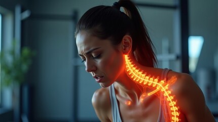 Visualización de rayos X digitales de una mujer en forma con expresión determinada y tensión visible en su rostro, inclinándose hacia adelante por el dolor