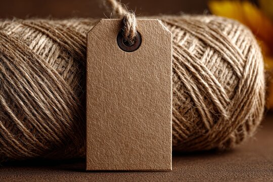 Blank cardboard tag hanging on a spool of natural rustic twine string