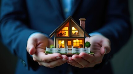 Manos de agente inmobiliario sostienen una caba&ntilde;a en miniatura