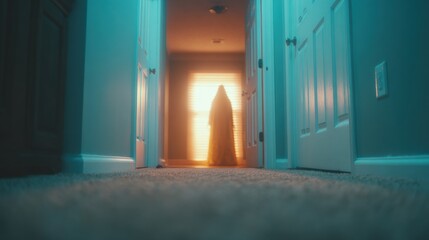 Mysterious figure standing in a hallway with sunlight shining through