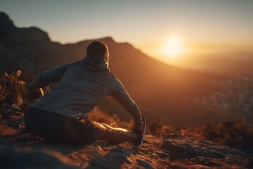 Man is stretching his legs on a mountain