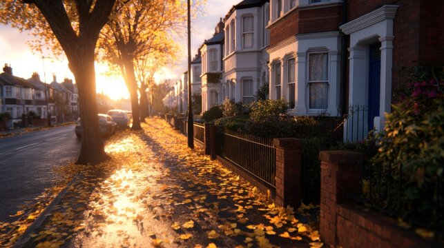Beautiful autumn sunset illuminating a quiet suburban street with fallen leaves