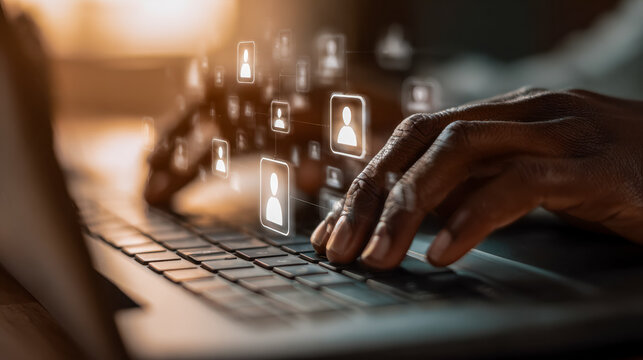 Digital networking and online communication concept with user profiles on a keyboard