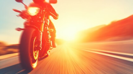 Motorcycle riding at sunset on an open road with vibrant colors