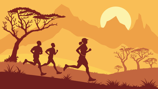 Vector illustration silhouettes of three runners jogging uphill during a vibrant orange sunset in an african savanna landscape