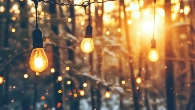 A captivating forest scene at sunset, featuring an enchanting canopy of dangling lights that illuminate the path ahead and sparkle like stars in a tranquil woodland setting.