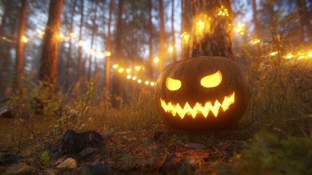 Spooky carved pumpkin glowing in a forest with fairy lights at night - Powered by Adobe