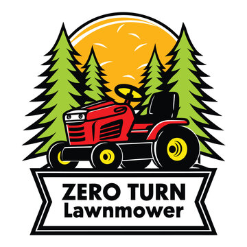 Vector illustration cartoon logo design of a red zero turn lawnmower in a forest setting with sun for landscaping business