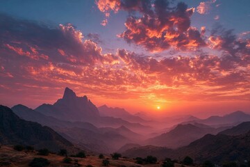 Obraz premium Sunset illuminating dramatic mountain ranges and colorful sky with clouds