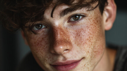 Obraz premium Portrait of an 18-year-old young man with gentle freckles and a warm smile