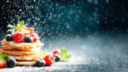 Delicious stack of pancakes topped with berries and powdered sugar