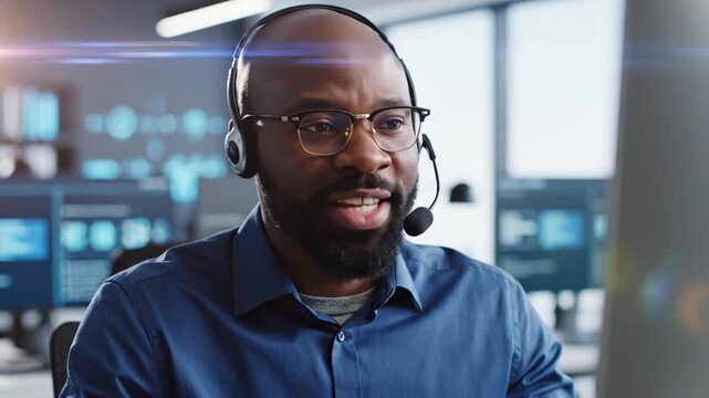 Closeup of focused african american male customer support agent wearing headset and glasses talking in modern office with digital display