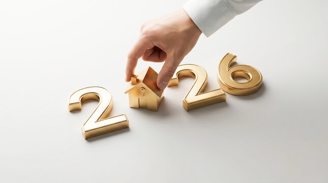 Hand placing house symbol between gold numbers 2026 on white background