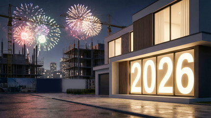 A modern building with the sign "2026" and fireworks against the backdrop of a construction site. Concept for a Christmas and New Year's greeting from a development company.