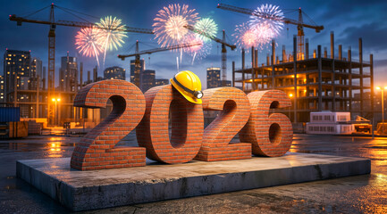 Naklejka premium Numbers 2026, made of brick texture, stand on a concrete surface, with a yellow construction helmet resting on them. Construction site and fireworks are in the background. Concept for Merry Christmas 