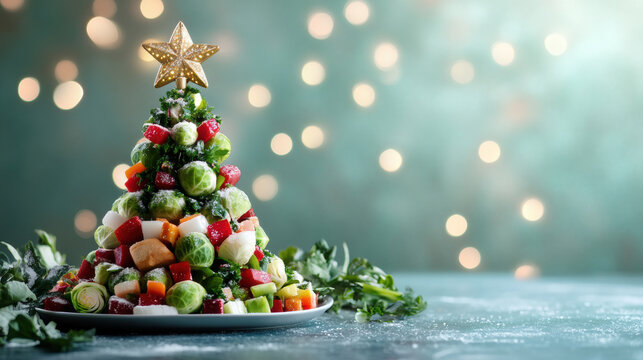 Veganuary winter challenge. Christmas tree made from Brussels sprouts and vegetables, seasonal renewal and plant based healty concept