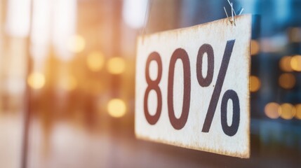 Discount sign indicating 80 percent off at a retail store window