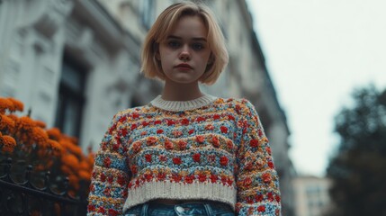 Fototapeta premium Young woman in colorful sweater stands near flowers in a city street