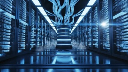 A futuristic data center corridor featuring an advanced glowing central AI core connected with flowing digital energy cables. Blue neon lighting reflects across endless server racks, creating a high-t - Powered by Adobe