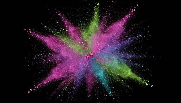 Colorful powder explosion with vibrant magenta, green, and blue particles creating a dynamic starburst shape isolated on a solid black background for a festive mood