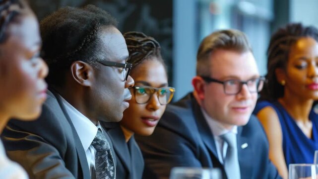 A group of people engaged in conversation during a professional meeting in an office environment.