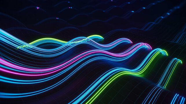 Abstract Neon Wave Lines Flowing Across Dark Grid Landscape