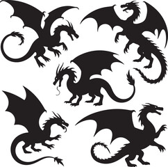 Silhouetted Dragons Mythical Creatures in Vector Format for Fantasy Illustrations