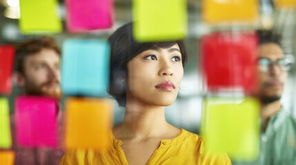 Creative teamwork session with colorful sticky notes in a modern workspace