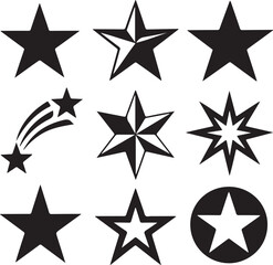 Diverse Collection of Black Star Icons and Geometric Shapes for Graphic Design Projects and Achievements