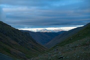 Watching the sunrise from the Kaçkar Mountains. Sunrise from Kaçkar Peak. Hiking towards Kaçkar Peak in the early morning. Magnificent view from Kaçkar Peak. Rize, Türkiye.
