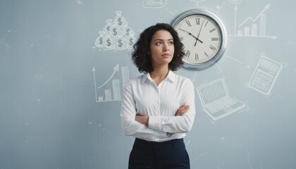 Confident professional woman with arms crossed thoughtfully planning business strategy against a wall with drawings of a clock, money, and charts