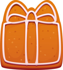 Cartoon Christmas gift box gingerbread cookie with ribbon icing, baked texture, sweet glaze and festive ornament. Vector ginger bread present dessert, biscuit food, cozy winter holiday confectionery