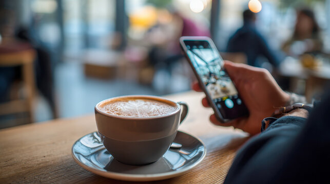 Person capturing a photo of a steaming cup of coffee on a wooden table inside a cozy cafe with blurred background of other patrons and natural light