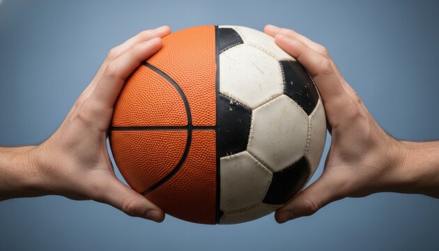 Hybrid ball combining a basketball and soccer ball is held by two male hands against a solid blue background, representing sports unity and choice