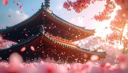 A traditional Japanese temple is surrounded by blooming cherry blossom trees, with petals falling in the sunlight.