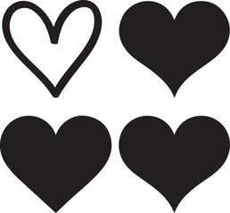 A collection of four heart icons, including a hand-drawn outline and solid silhouettes.