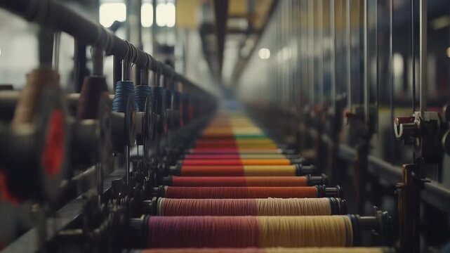 Textile Mill Machine with Colorful Threads in Rows Industrial Production Setting