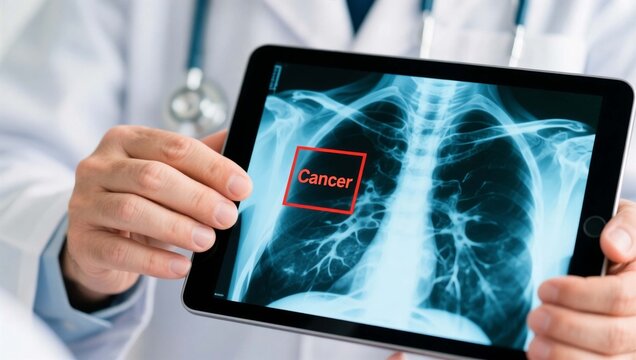 Doctor examining chest xray on tablet showing cancer detection with highlighted abnormality for lung disease diagnosis medical imaging radiology oncology healthcare screening
