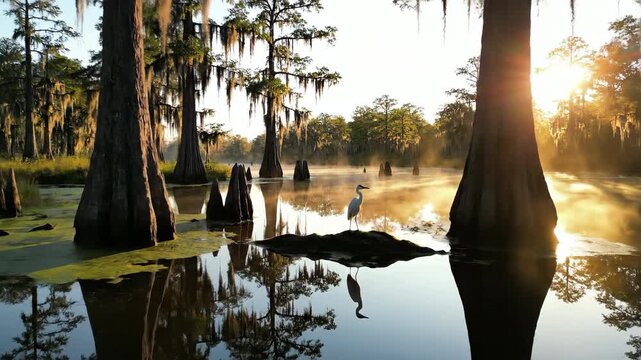 Misty swamp landscape with cypress trees and wildlife at sunrise