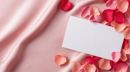 Colorful rose petals scattered on soft pink fabric with a blank card