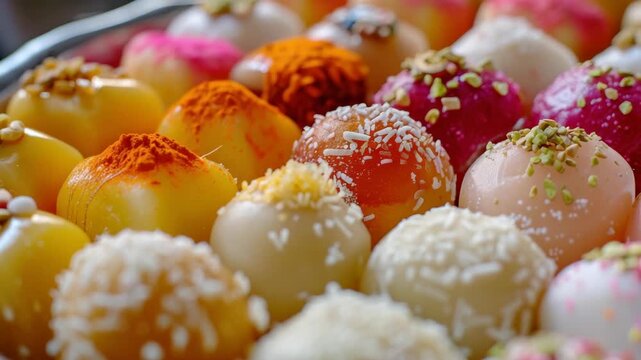 A close-up shot of bite-sized confectionery treats decorated with an array of colorful powders and sprinkles.