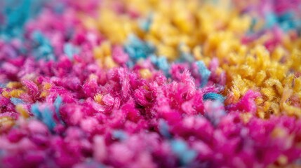 Colorful texture of a vibrant rug with pink, blue, and yellow fibers