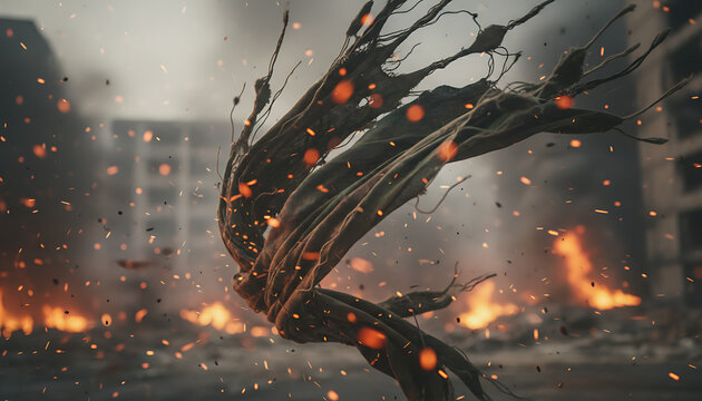Eerie cloth unraveling in fiery wasteland evokes apocalyptic atmosphere now - Powered by Adobe
