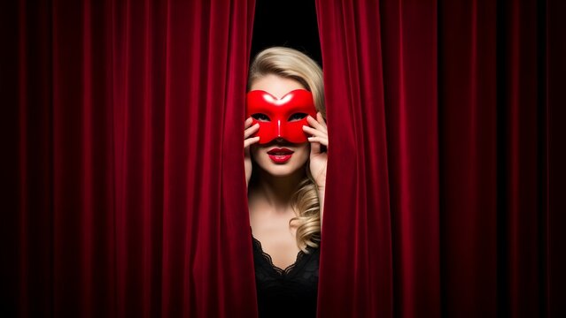 Woman with red mask peering through parted red velvet curtains