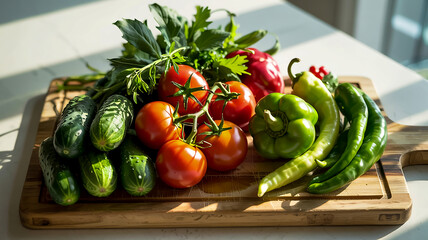 Assortment of fresh vegetables on a wooden cutting board