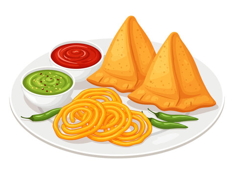 Two golden-brown samosas and syrupy orange jalebi spirals sit on a white plate, accompanied by fresh green chilies and bowls of zesty red and green chutney for a savory Indian treat