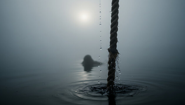 Eerie rope dropping into water with a person swimming in a foggy lake