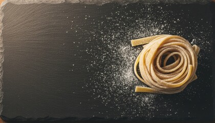 Fresh uncooked homemade tagliatelle pasta nest dusted with flour, viewed from a top-down perspective on a dark textured slate board with copy space on the left
