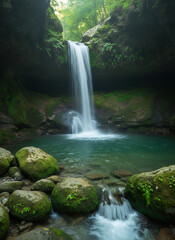 Fototapeta premium Majestic waterfall cascading into serene pool, perfect for nature getaway visuals