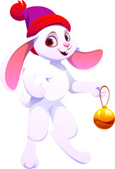 Christmas bunny animal or cartoon character for winter holiday, vector personage. Funny rabbit or hare bunny in knitted hat with Xmas tree bauble ball and happy face for Christmas greeting